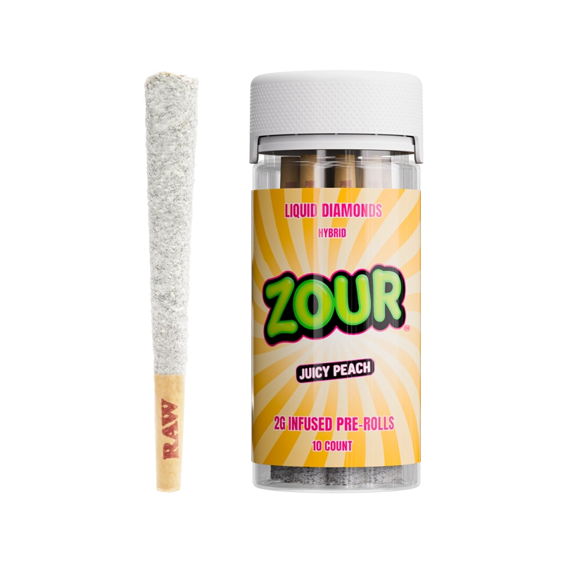 A 2 gram coated pre-roll next to a Zour Stash Juicy Peach Jar