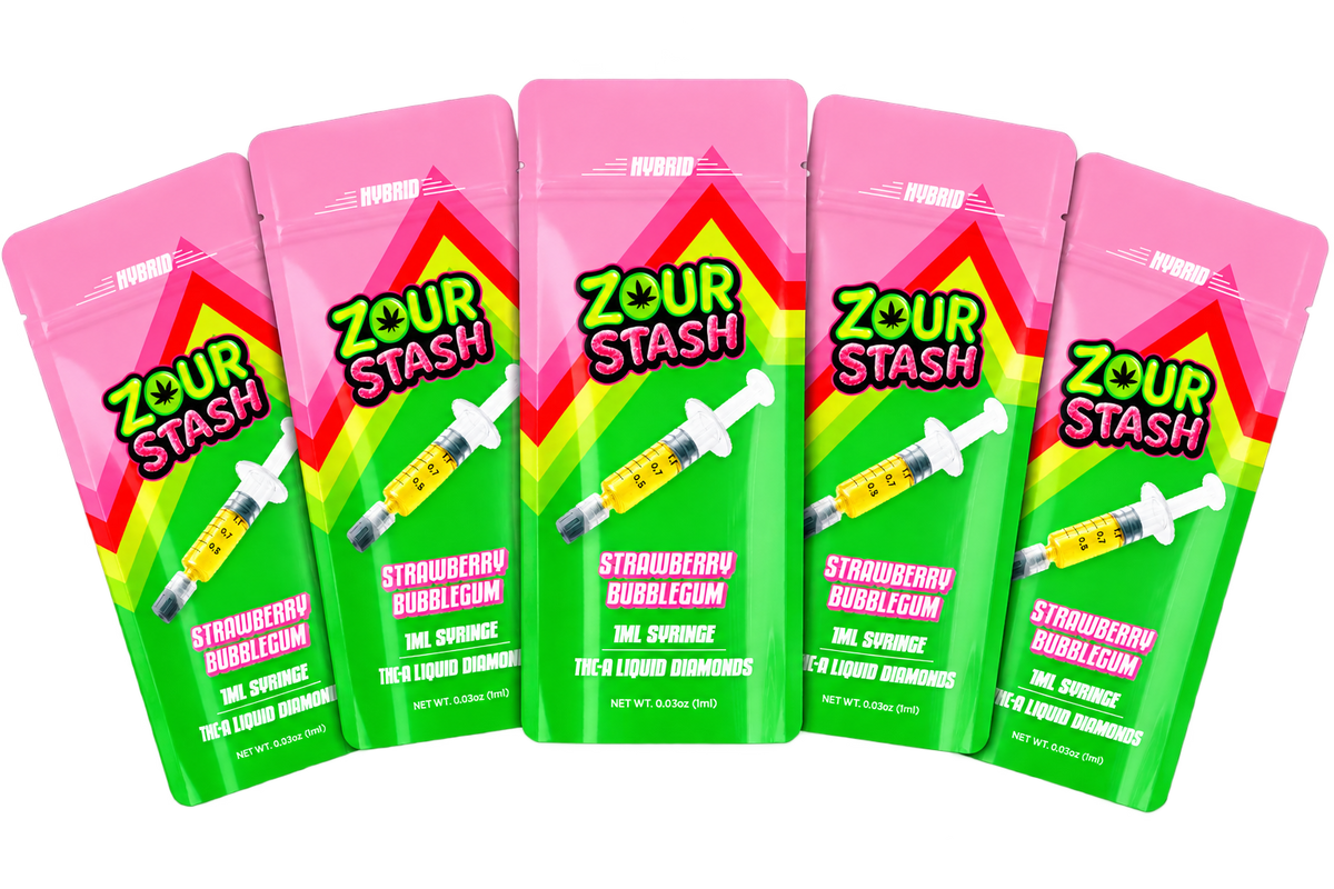 Five pouches of Zour Stash Strawberry Bubblegum syringes, arranged in a fan shape against a solid white background.