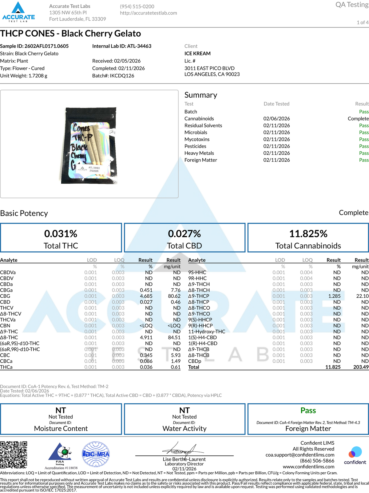Certificate of Analysis for Ice Kream Black Cherry Gelato THCP Cones Page 1