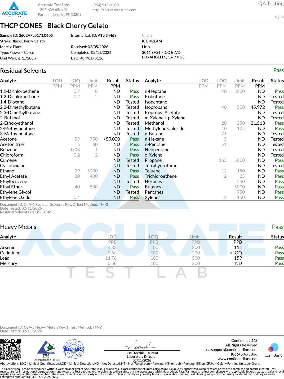 Certificate of Analysis for Ice Kream Black Cherry Gelato THCP Cones Page 4