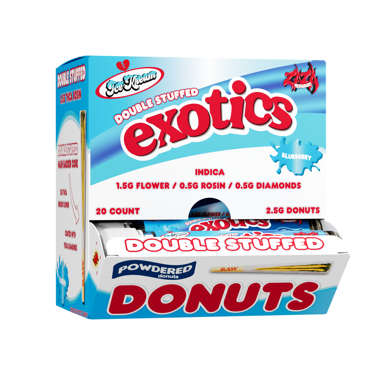 Ice Kream Blueberry Exotics THCA Powdered Donuts 20ct Display box with tubes coming out of the front of the box