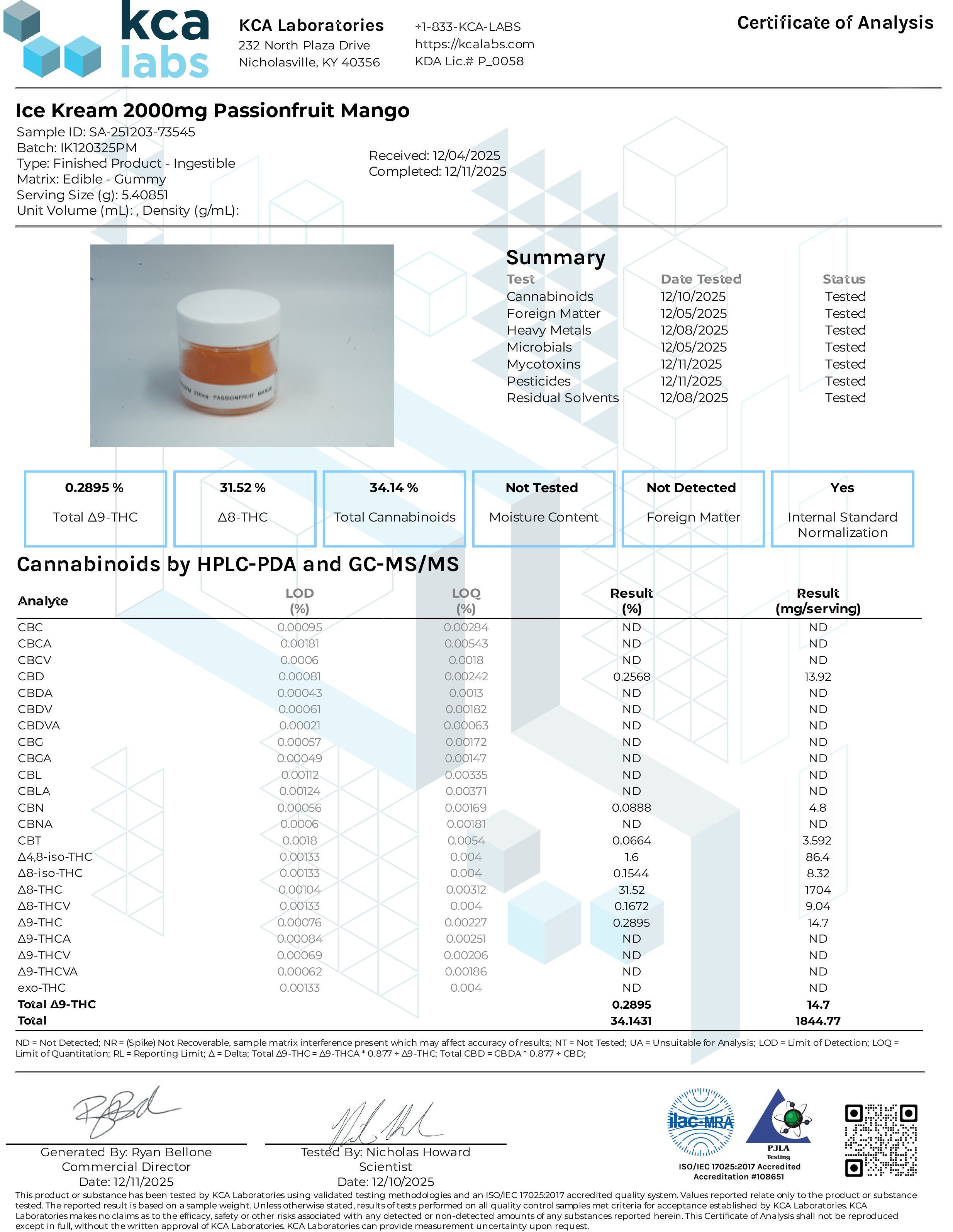 Certificate of Analysis for Ice Kream Passionfruit Mango Single 2000mg Gummy