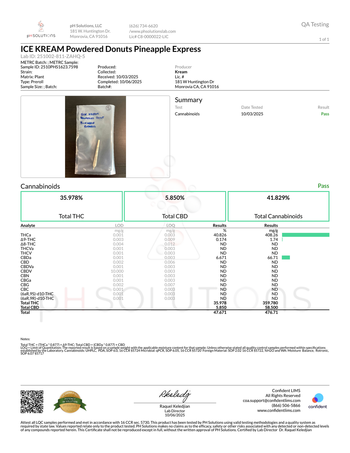 Certificate of Analysis for Ice Kream Pineapple Express Powdered Donut THCA Coated Pre-Roll