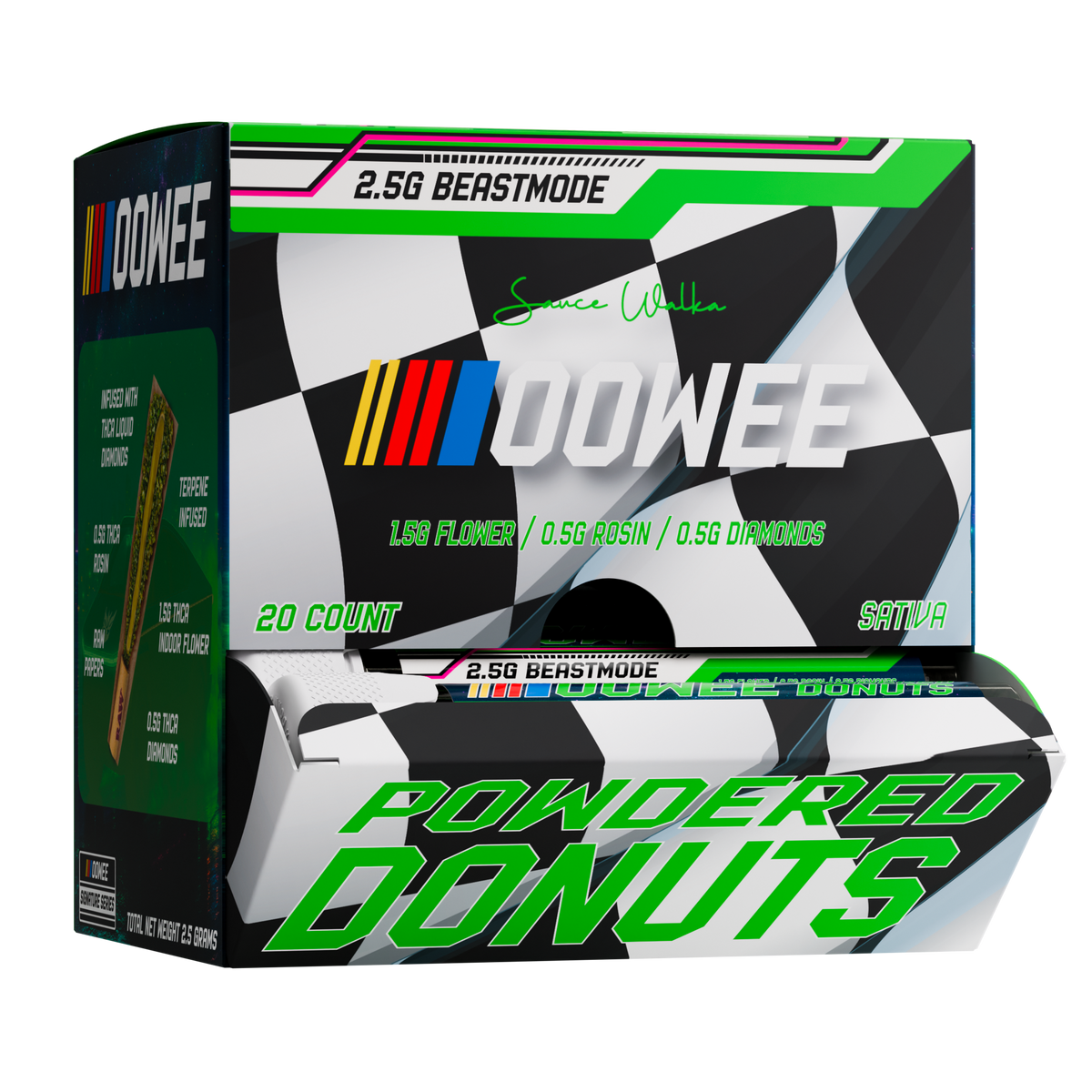 Sauce Walka Oowee Beastmode Powdered Donuts 20ct Display Box with tubes coming out of the front