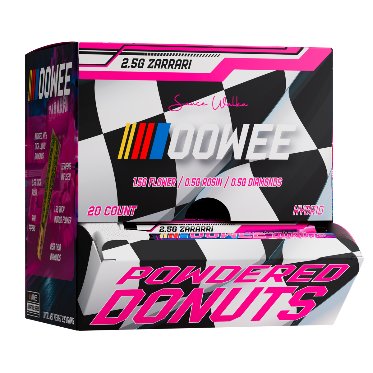 Sauce Walka Oowee Zararri THCA Powdered Donuts 20ct Display Box with tubes coming out the front