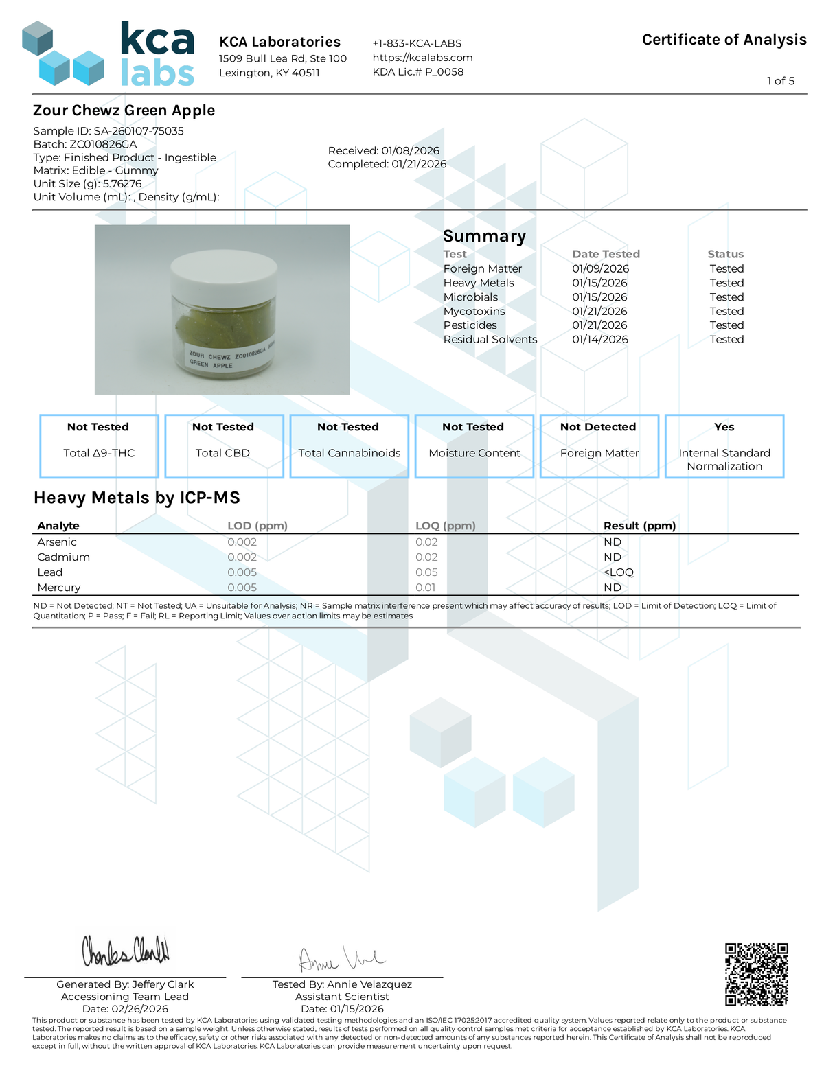 Certificate of Analysis for Zour Chewz Green Apple 1000mg Edible Page 2