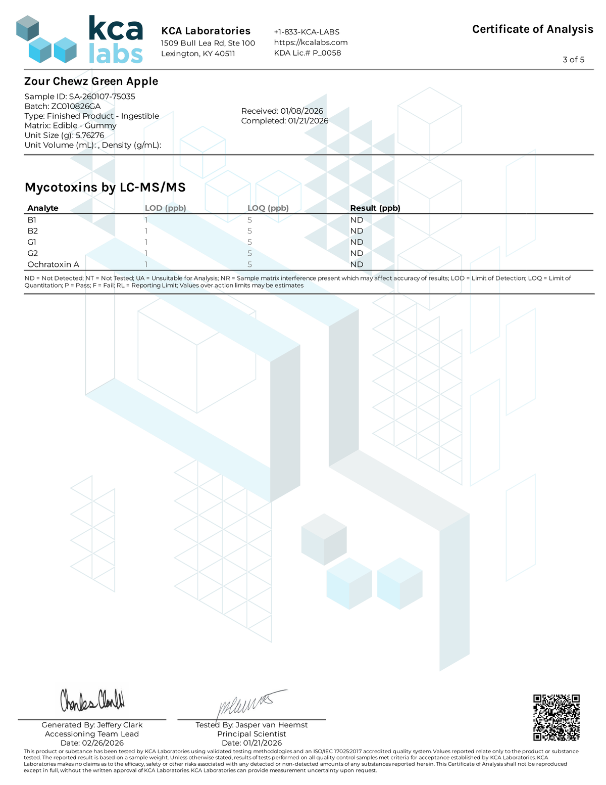 Certificate of Analysis for Zour Chewz Green Apple 1000mg Edible Page 4