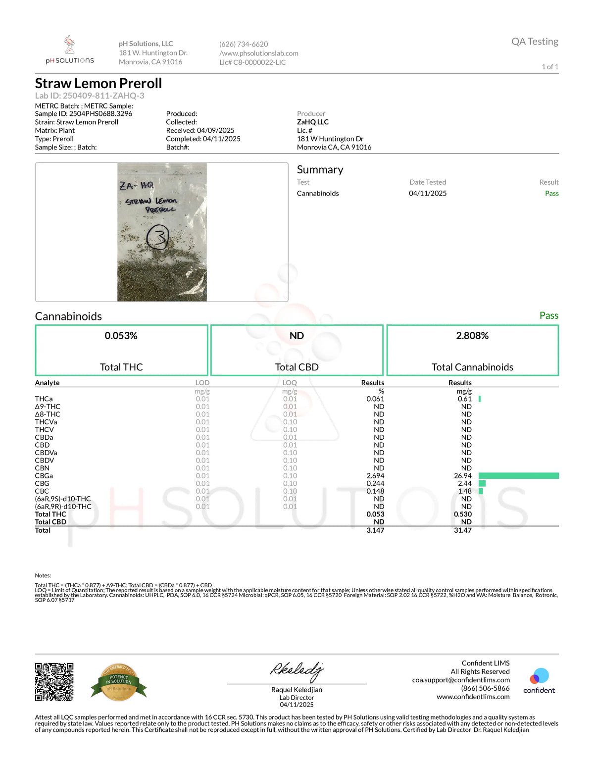 Certificate of Analysis for Zour Stash 2CT Strawberry Lemonade COATED PREROLLS