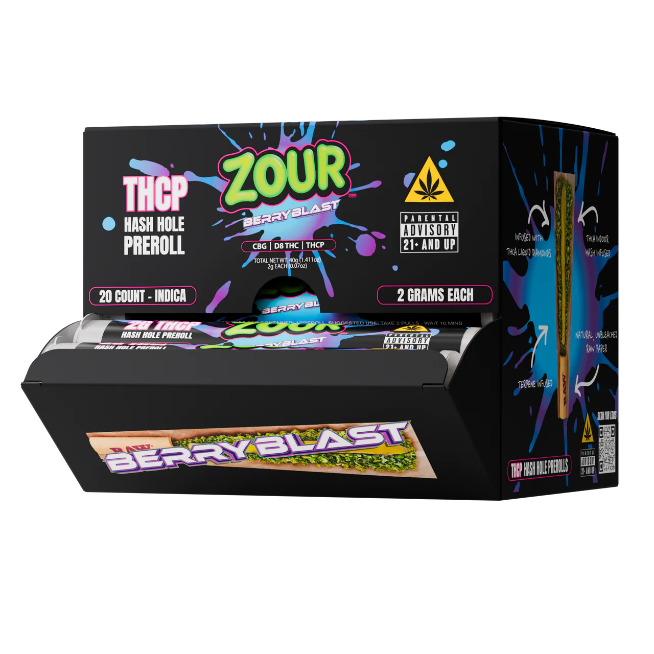 Zour Stash Berry Blast THCP Hash Hole Display box with tubes coming out of the inside of the box