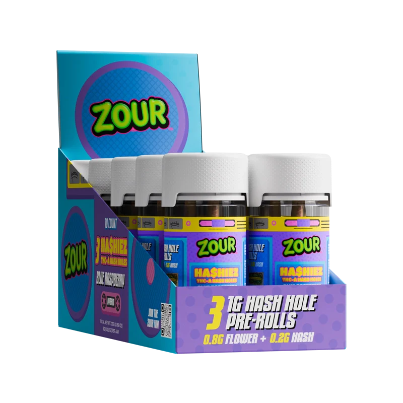 Zour Stash Blue Raspberry THCA Hashiez Display Box with 10 jars inside of the box