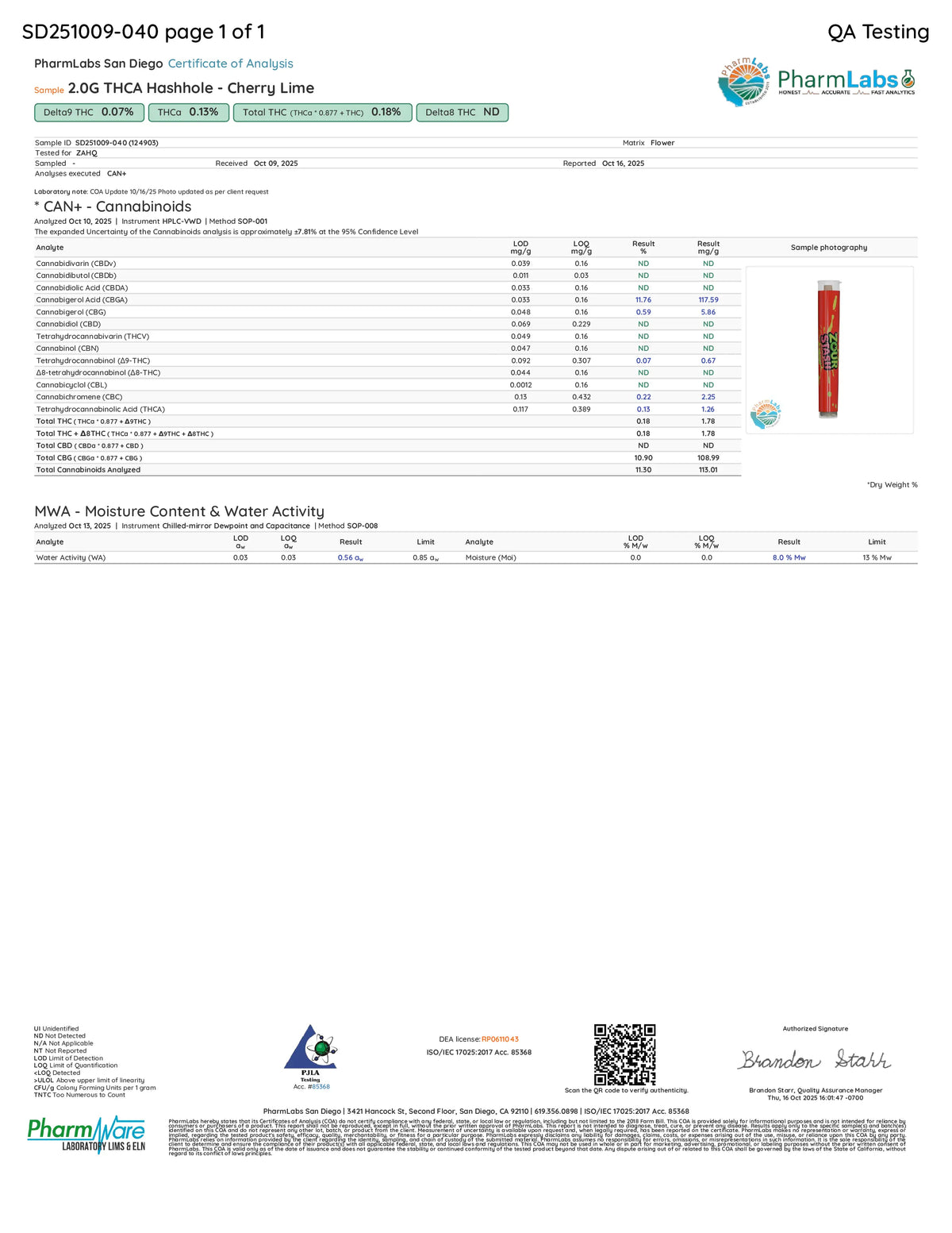 Certificate of Analysis for a Zour Stash Cherry Lime THCA Hash Hole Pre-Roll