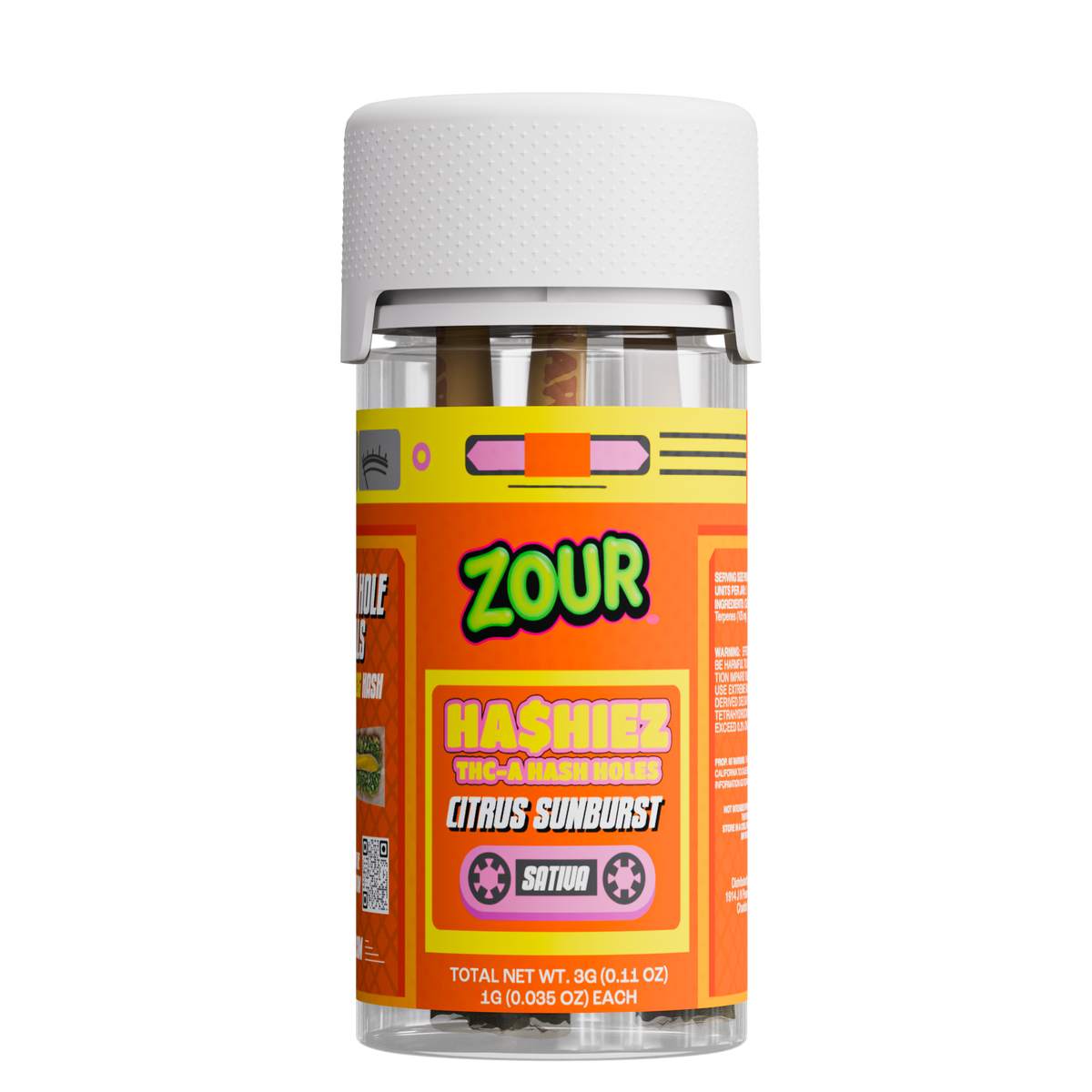 Zour Stash Citrus Sunburst THCA Hashiez. A pre-roll, then the hashiez jar, and then an open pre-roll showing the hash batter core.