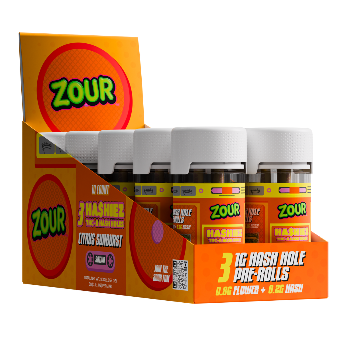 Zour Stash Citrus Sunburst THCA Hashiez Display Box with 10 jars inside of the box