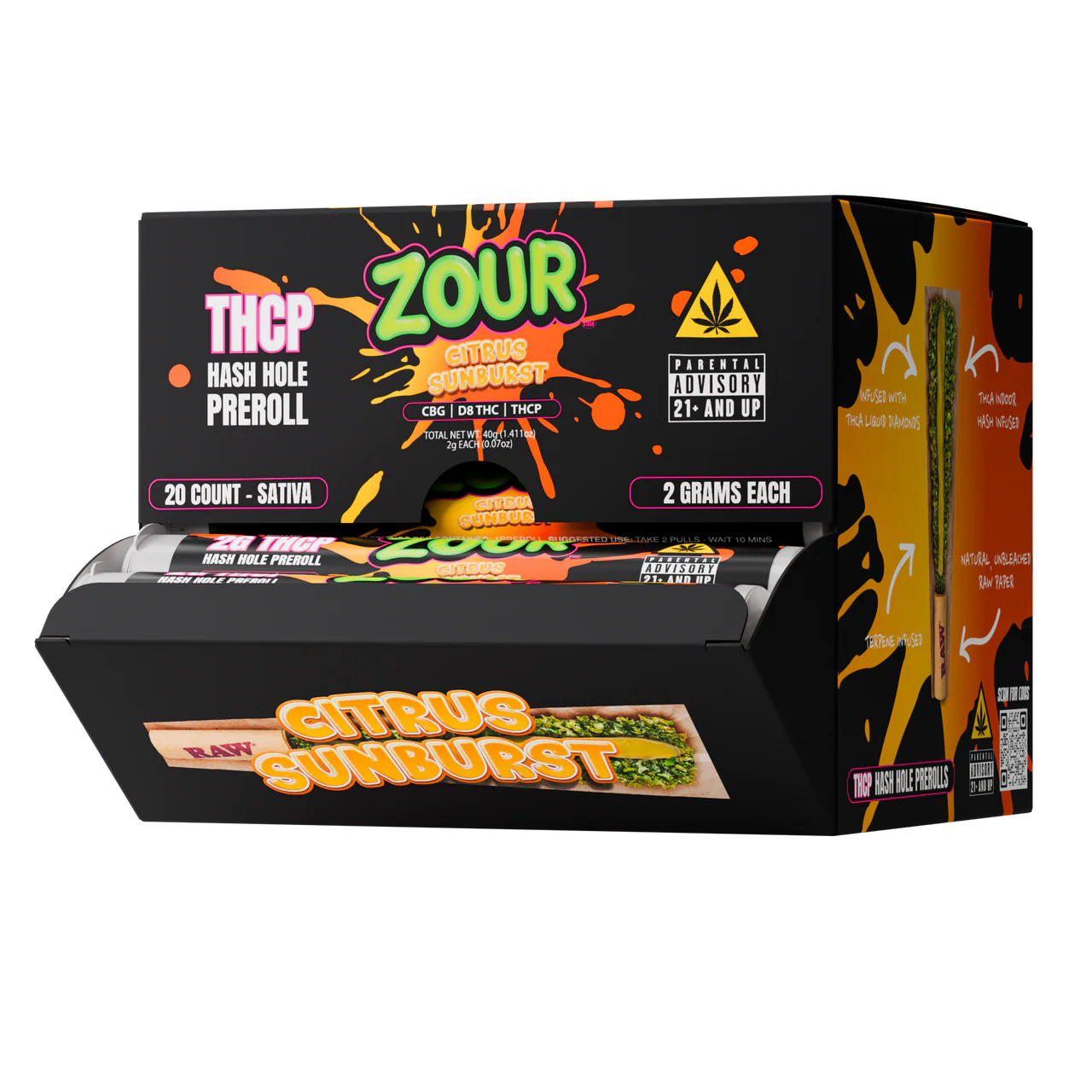 Zour Stash Citrus Sunburst THCP Hash Hole Display box with the tubes coming out from the inside