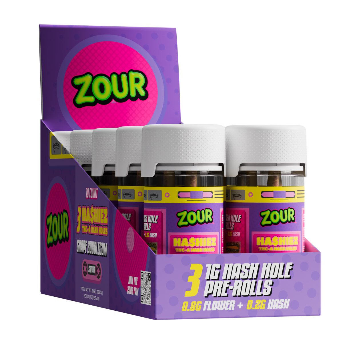 Zour Stash Grape Bubblegum THCA Hashiez Display box with 10 jars inside of the box
