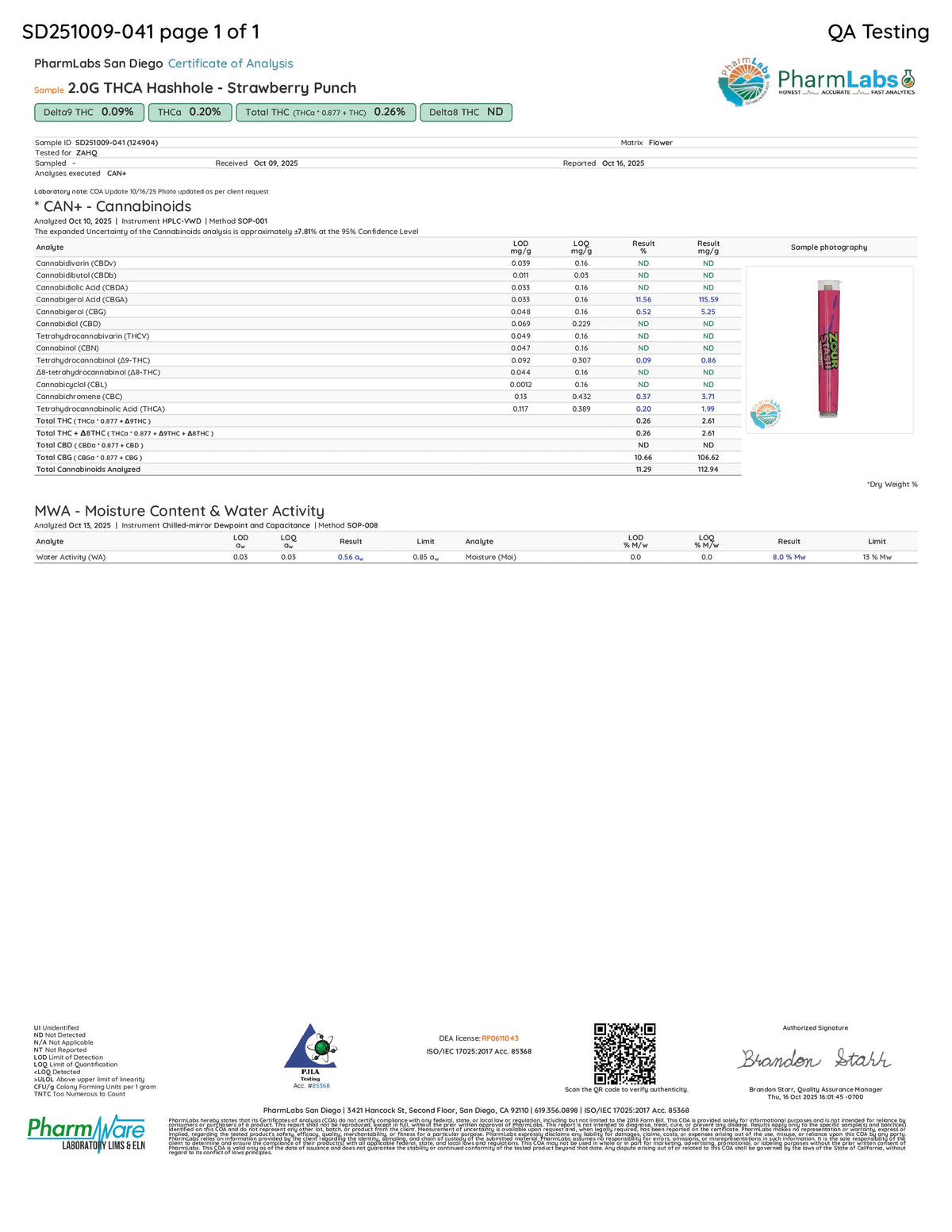 Certificate of Analysis for a Zour Stash Strawberry Punch THCA Hash Hole Pre-Roll
