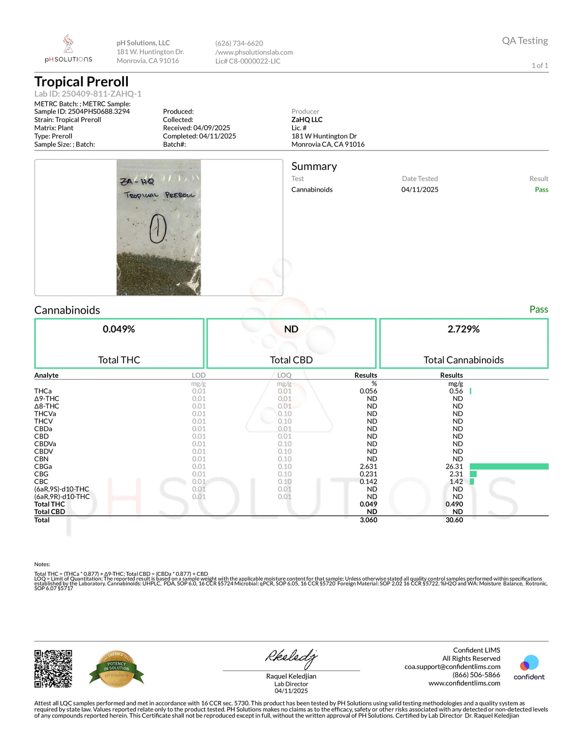Certificate of Analysis for a Zour Stash Tropical Coated Pre-Roll