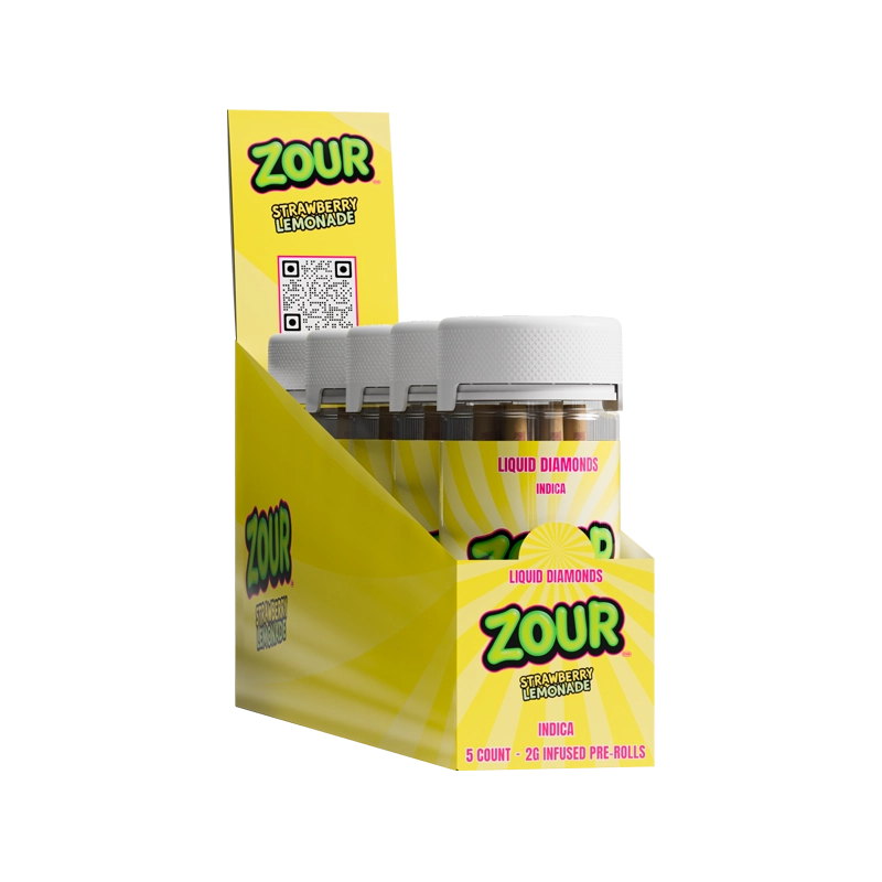 5 10ct Zour Stash Strawberry Lemonade Coated Pre-Roll Jars in a display box