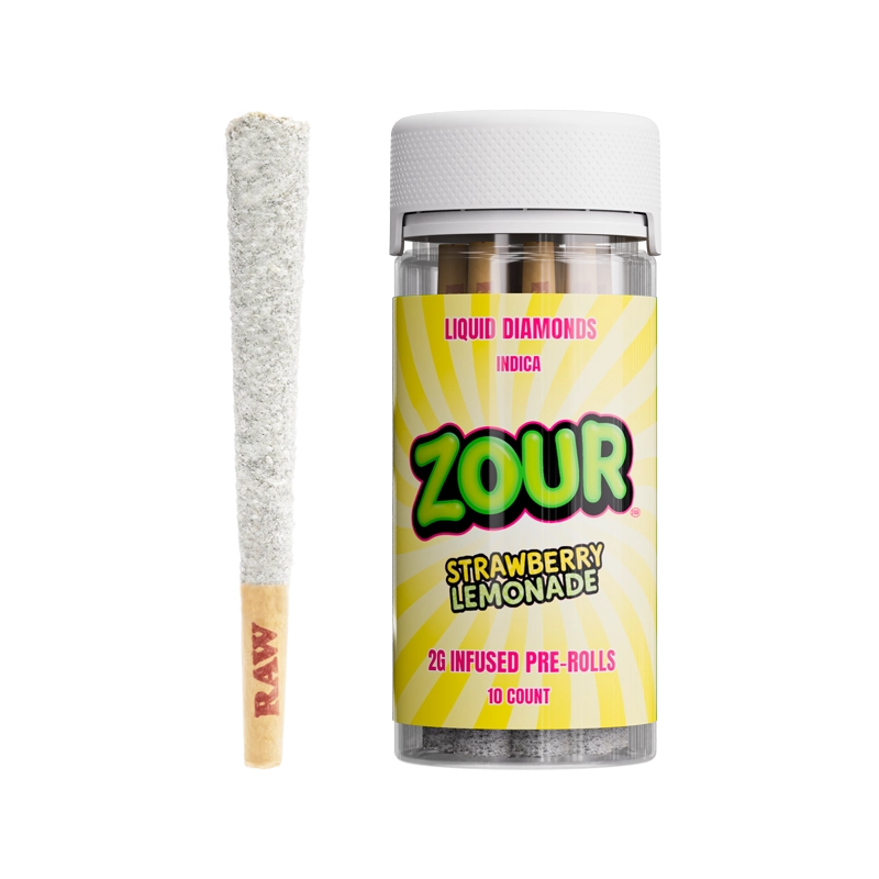 A 2 gram coated pre-roll next to a Zour Stash Jar