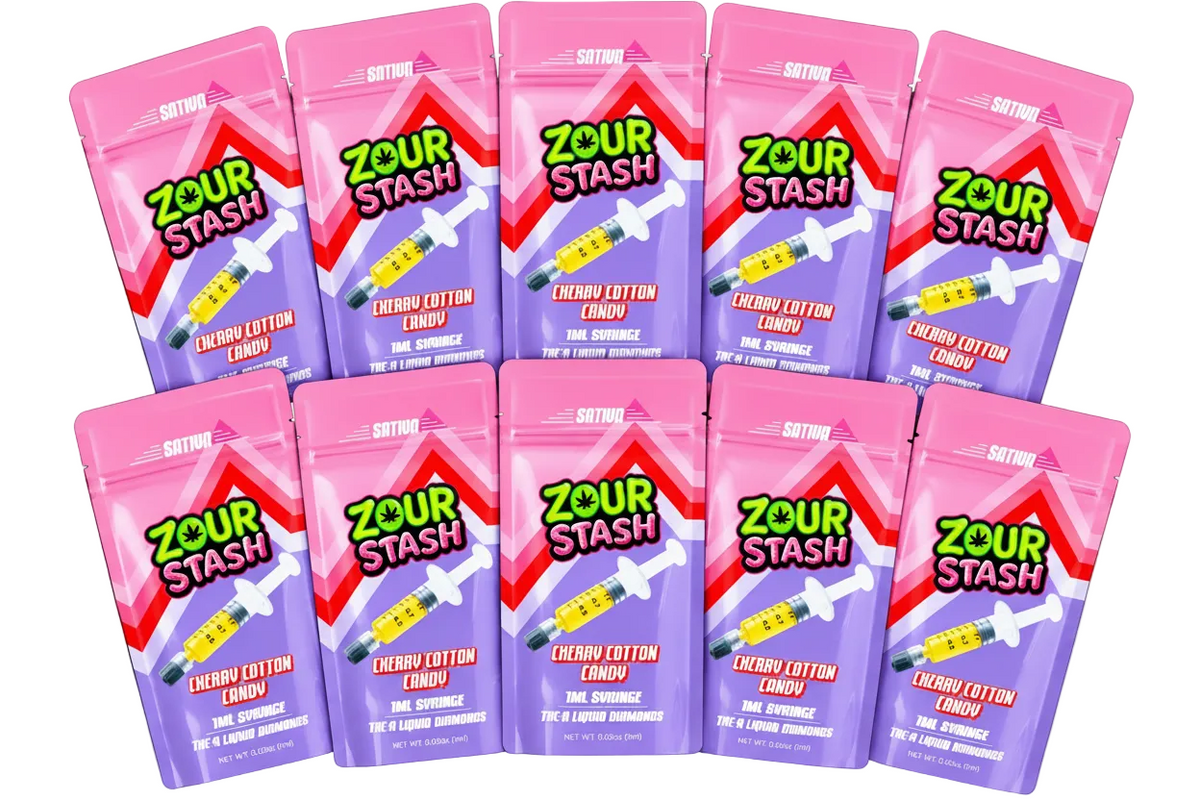 Ten bags of Zour Stash Cherry Cotton Candy arranged in two rows on white background.