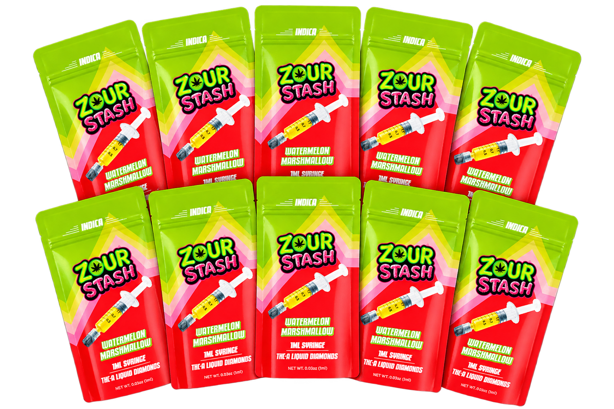Ten pouches of Zour Stash Watermelon Marshmallow 1ml syringes, arranged in two rows against a plain white background.