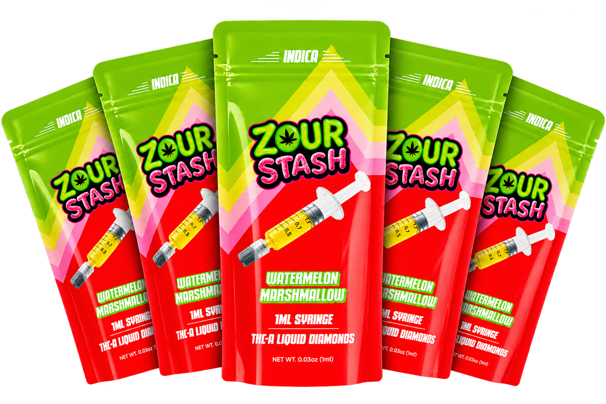 Five pouches of Zour Stash Watermelon Marshmallow tria liquid diamonds syringe cartridges arranged in a fan shape against a solid white background.