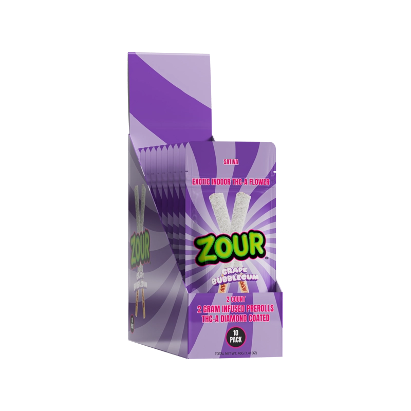 2CT GRAPE BUBBLEGUM COATED PREROLLS Display box with 10 packs inside of the box 