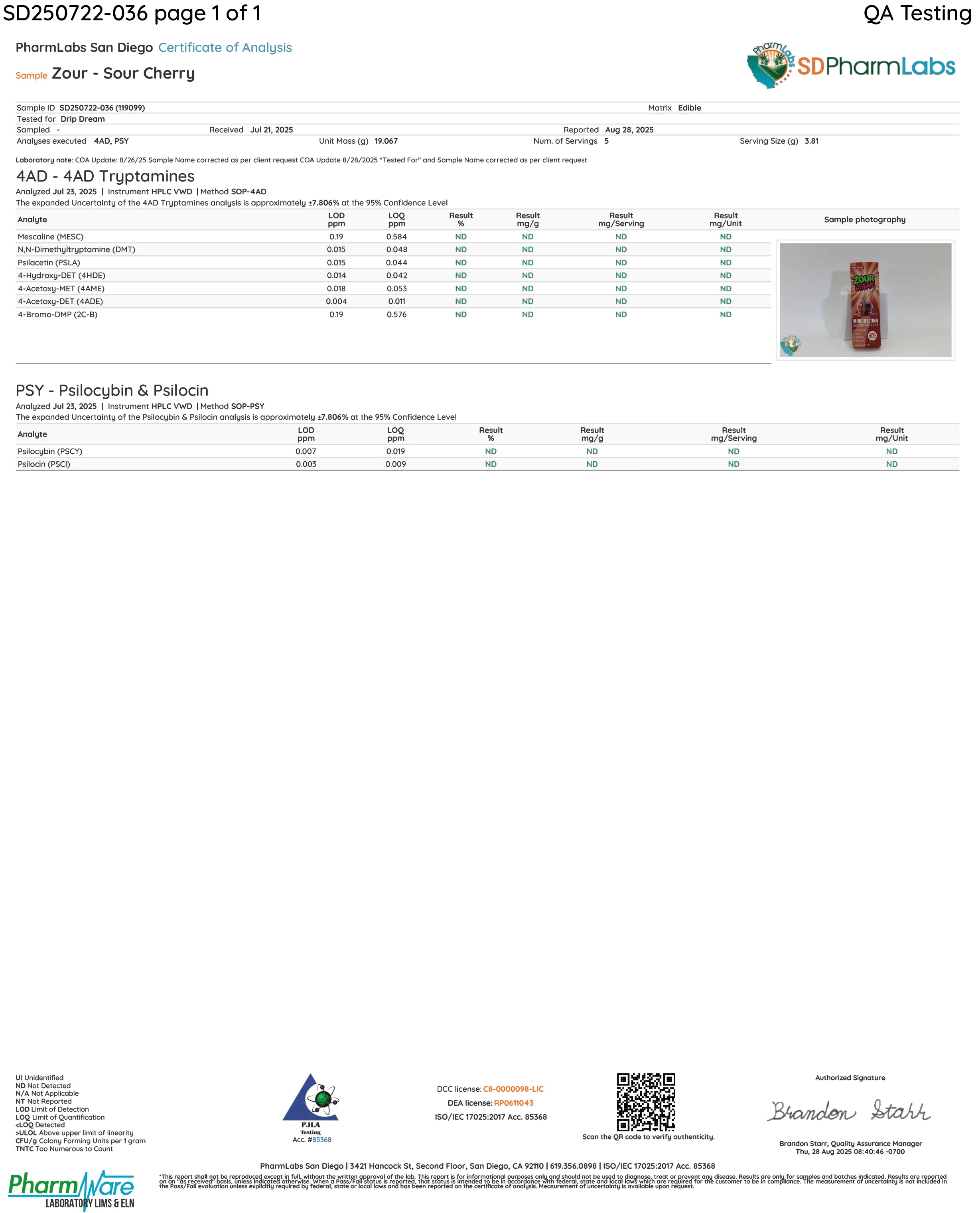 Certificate of Analysis for 5CT ZOUR DREAM SOUR CHERRY