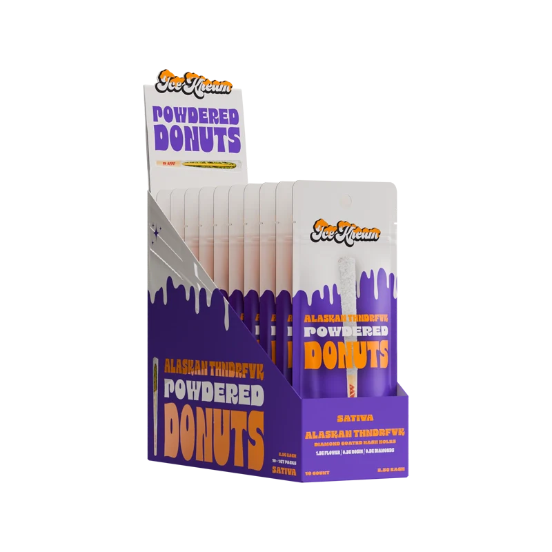 Ice Kream Alaskan Thndrfvk Powdered Donut THCA Coated Pre-Roll Display Box with 10 mylar bags inside