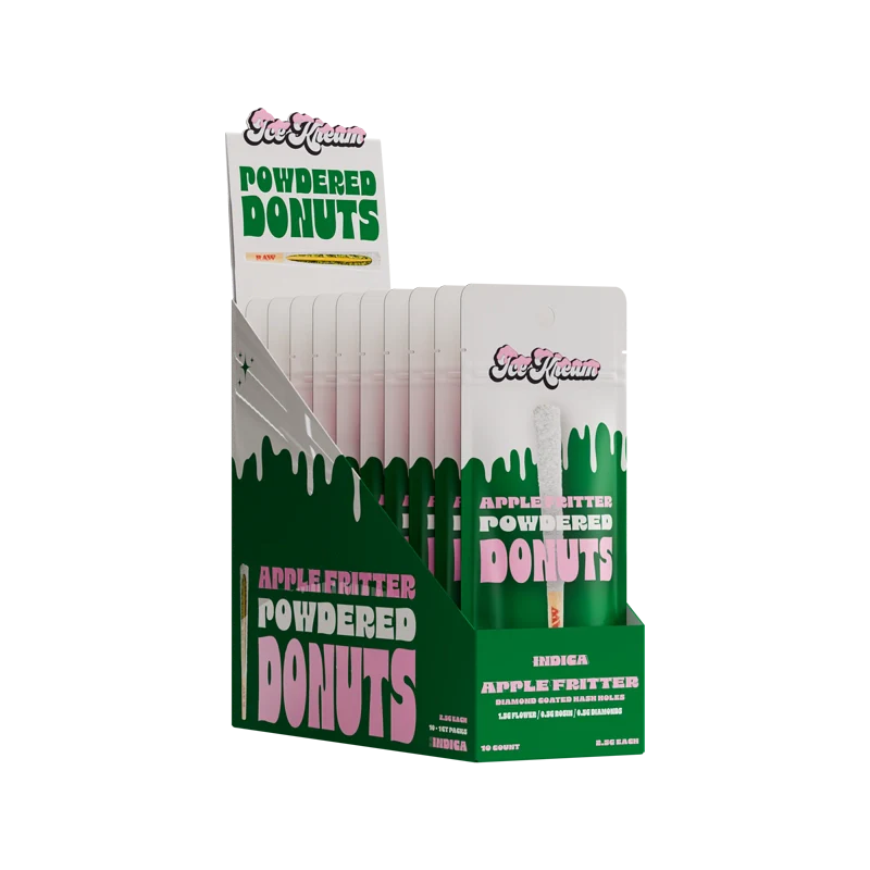 Ice Kream Apple Fritter Powdered Donut THCA Coated Pre-Roll Display box with 10 mylar bags inside