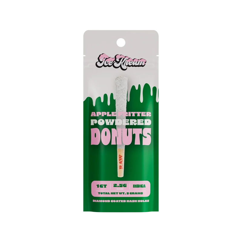 Ice Kream Apple Fritter Powdered Donut THCA Coated Pre-Roll Mylar bag showing the product