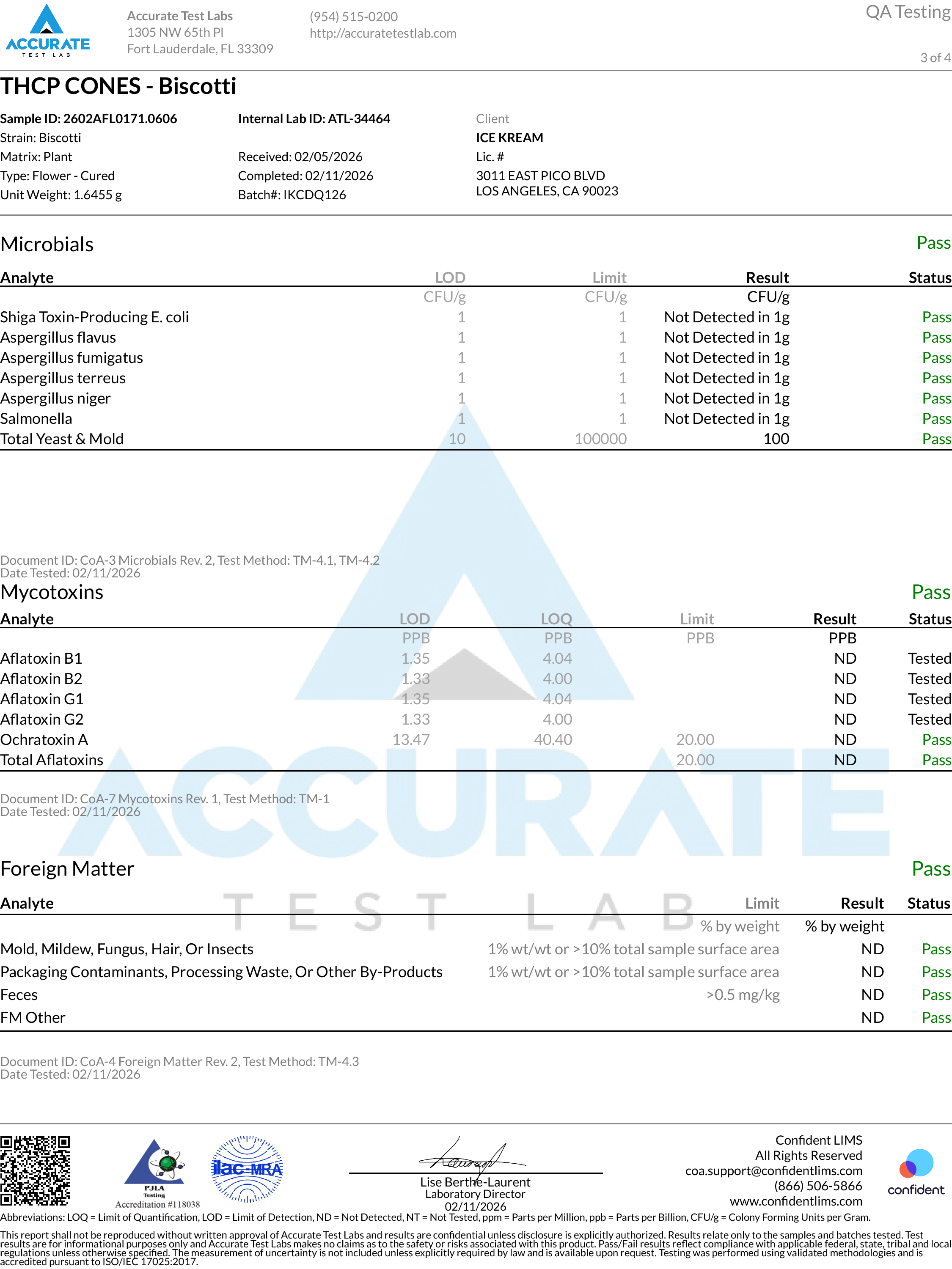 Certificate of Analysis for Ice Kream Biscotti THCP Cones Page 3