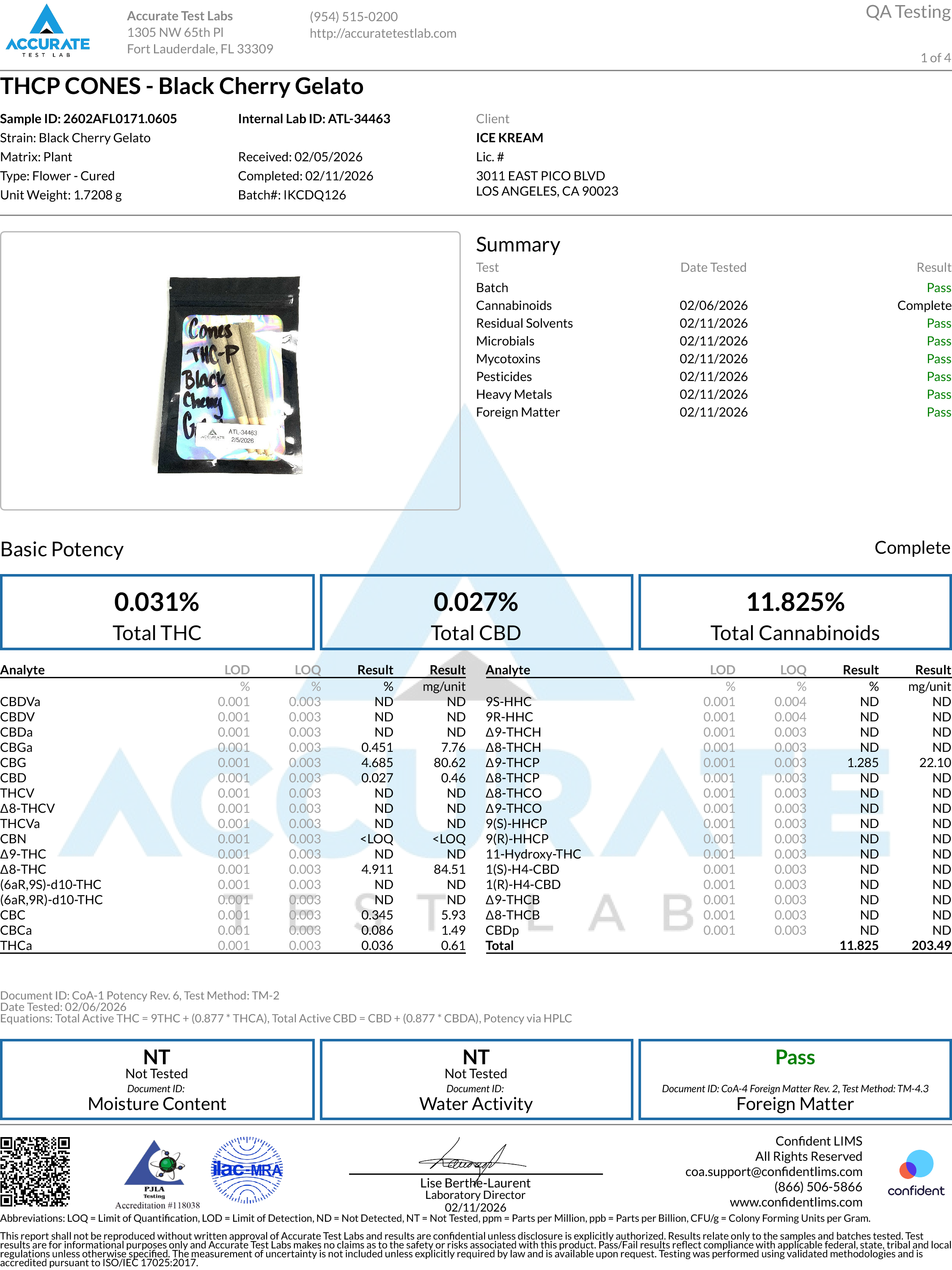 Certificate of Analysis for Ice Kream Black Cherry Gelato THCP Cones Page 1