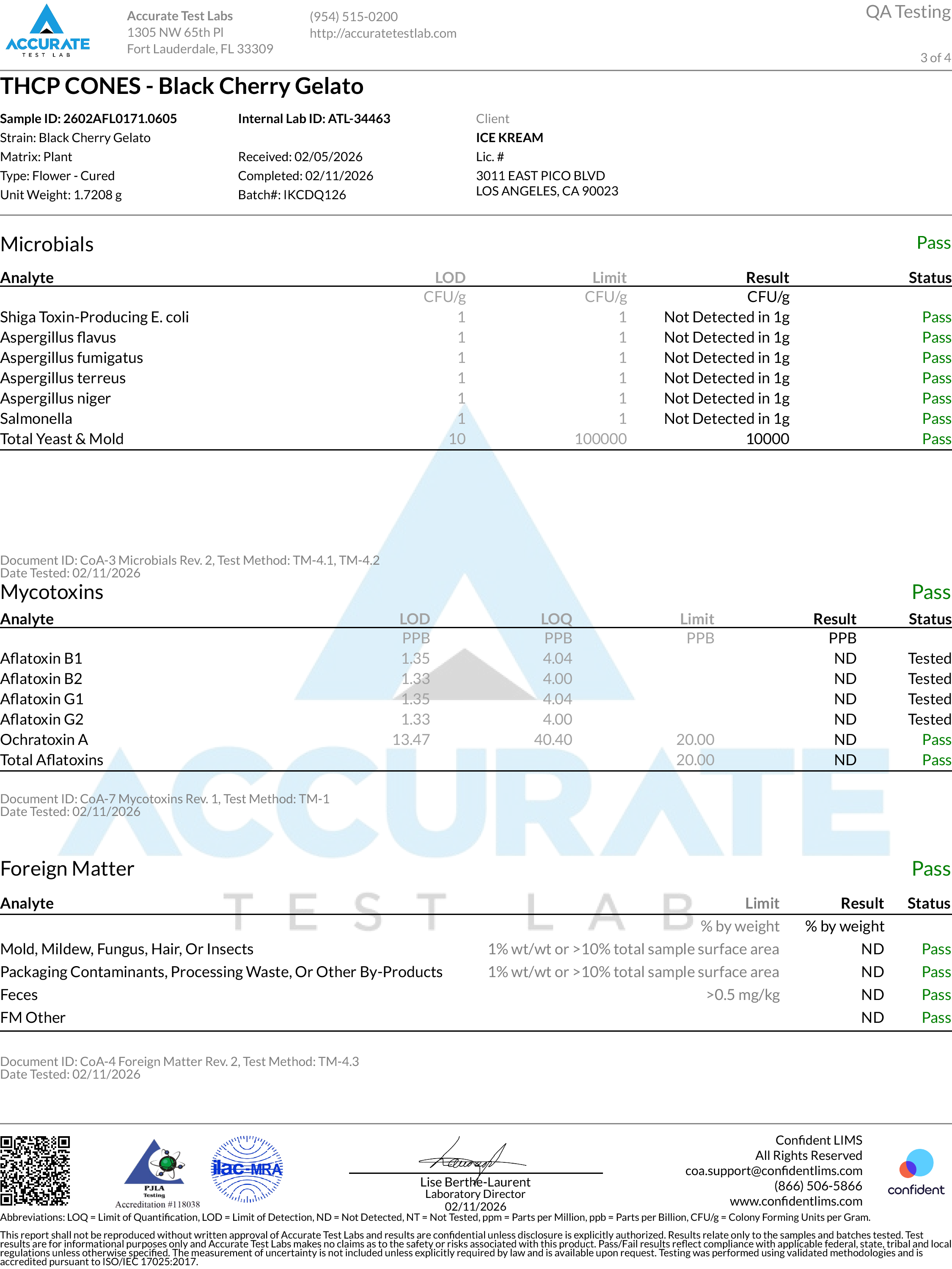 Certificate of Analysis for Ice Kream Black Cherry Gelato THCP Cones Page 3