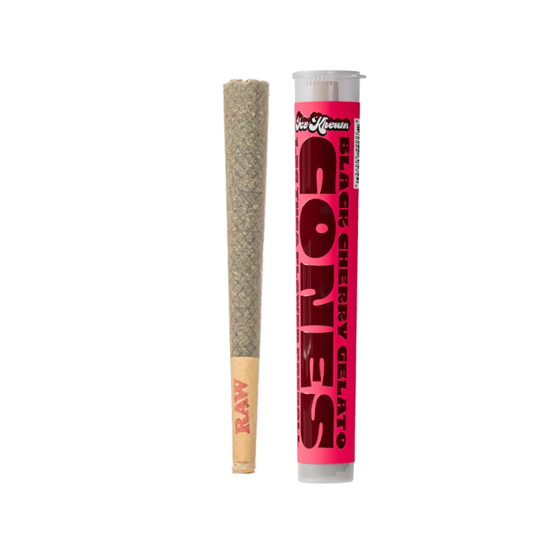 Ice Kream Black Cherry Gelato THC Cone. The pre-roll is next to its labeled tube.