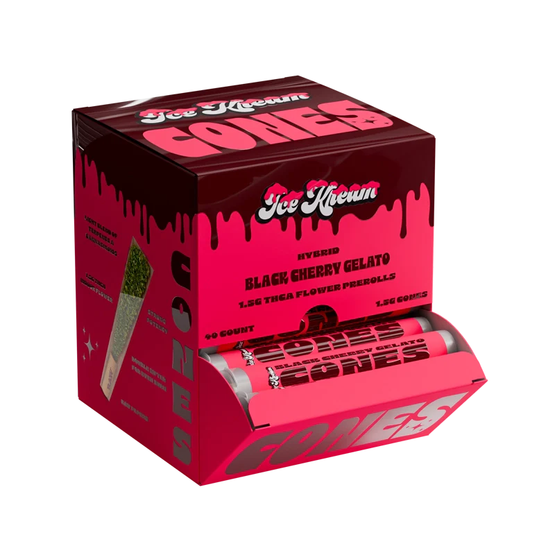Ice Kream Black Cherry Gelato THC Cone Display box with cone tubes coming out
