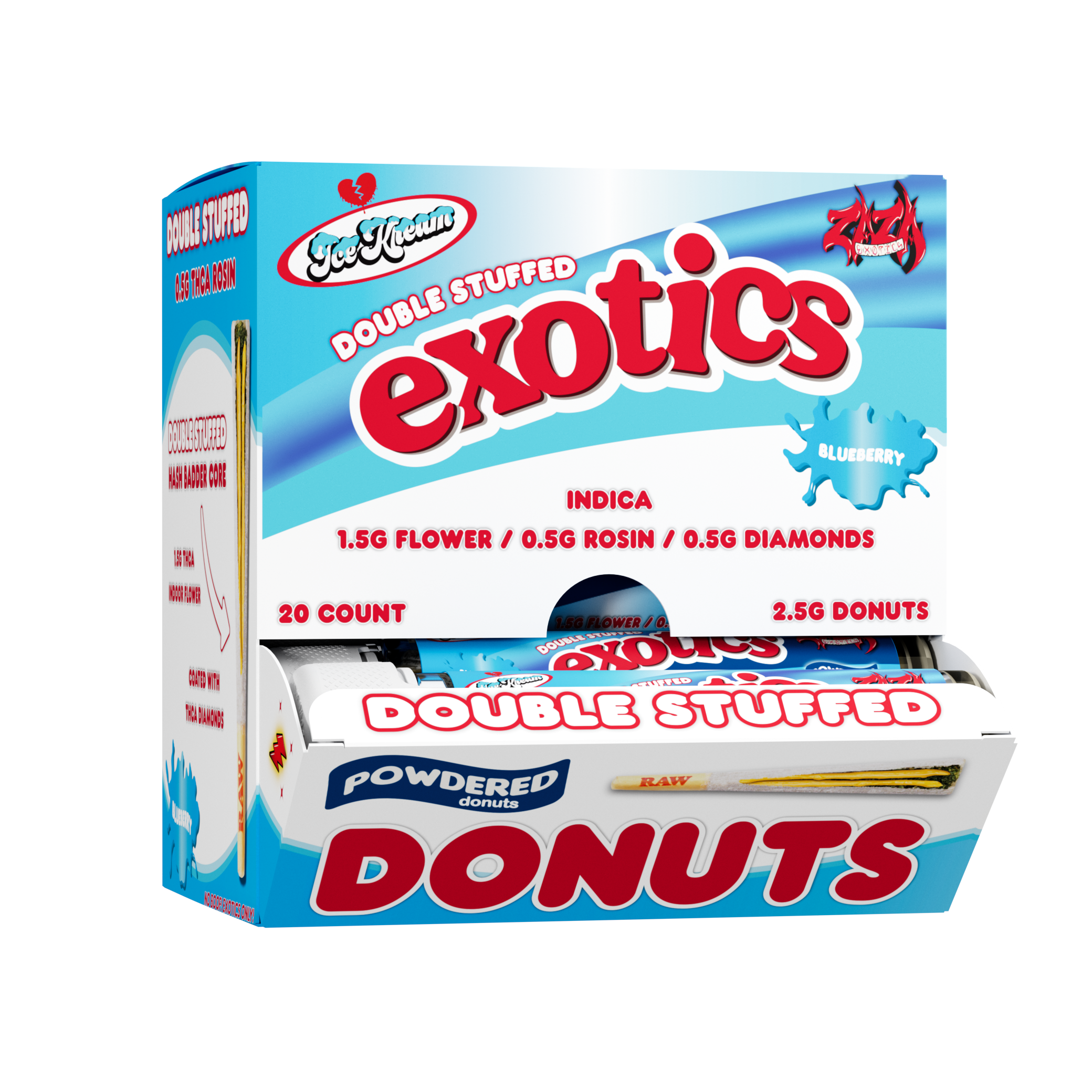 Ice Kream Blueberry Exotics THCA Powdered Donuts 20ct Display box with tubes coming out of the front of the box