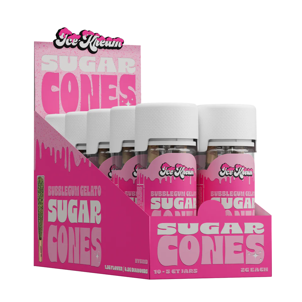Ice Kream Bubblegum Gelato THCA Sugar Cones Display box with 10 jars inside
