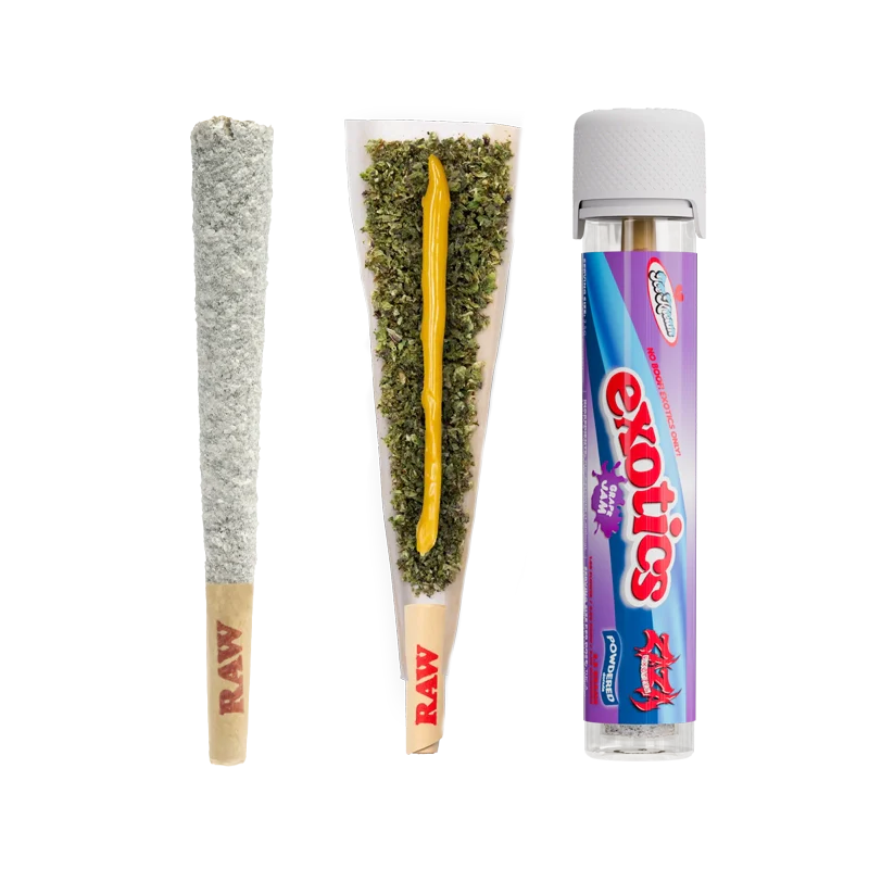 Ice Kream Grape Jam Exotics THCA Powdered Donuts with a coated pre-roll, an open pre-roll showing the hash batter core and a pre-roll in a tube