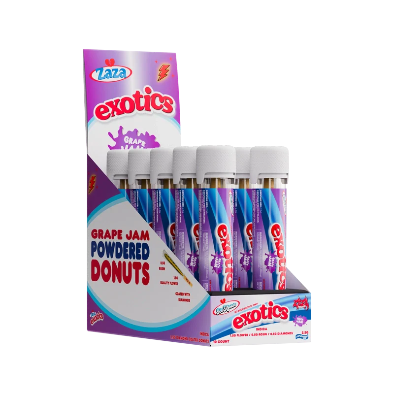 Ice Kream Grape Jam Exotics THCA Powdered Donuts 10ct Display Box with 10 pre-roll tubes inside of the box