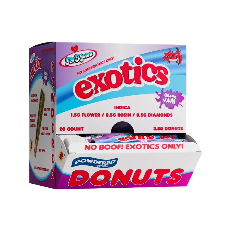 Ice Kream Grape Jam Exotics THCA Powdered Donuts 20ct Display Box with tubes coming out of the front of the box