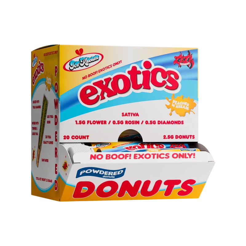 Ice Kream Peaches N Cream Exotics THCA Powdered Donuts 20ct Display box with tubes coming out of the front of the box