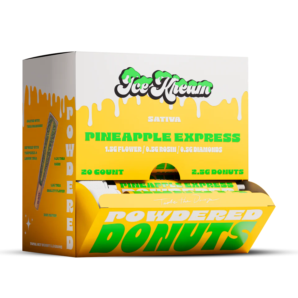 Ice Kream Pineapple Express Powdered Donut THCA Coated Pre-Roll Display Box with tubes