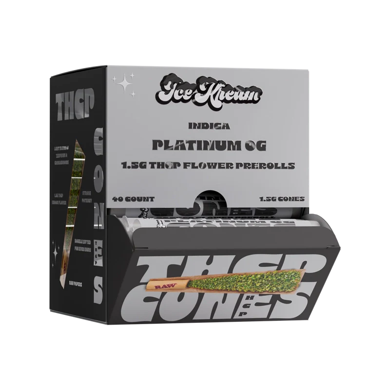 Ice Kream Platinum OG THCP Cones Display Box with cones showing from the inside