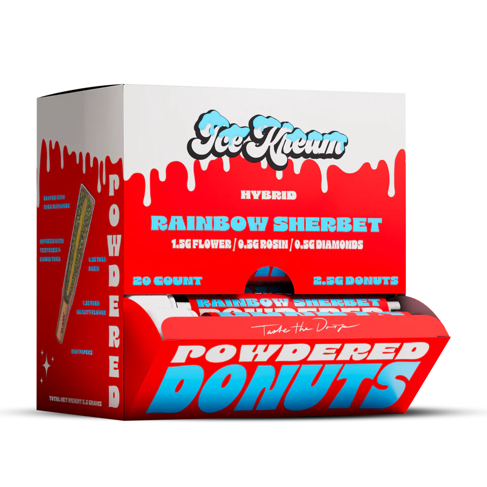 Ice Kream Rainbow Sherbet Powdered Donuts THCA Coated Pre-Roll Display box also showing the tubes