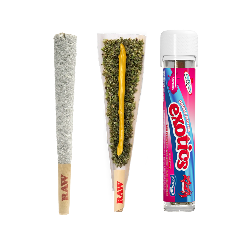 Ice Kream Raspberry Exotics THCA Powdered Donuts  with a coated pre-roll, an open pre-roll showing the hash batter core and a pre-roll in a tube