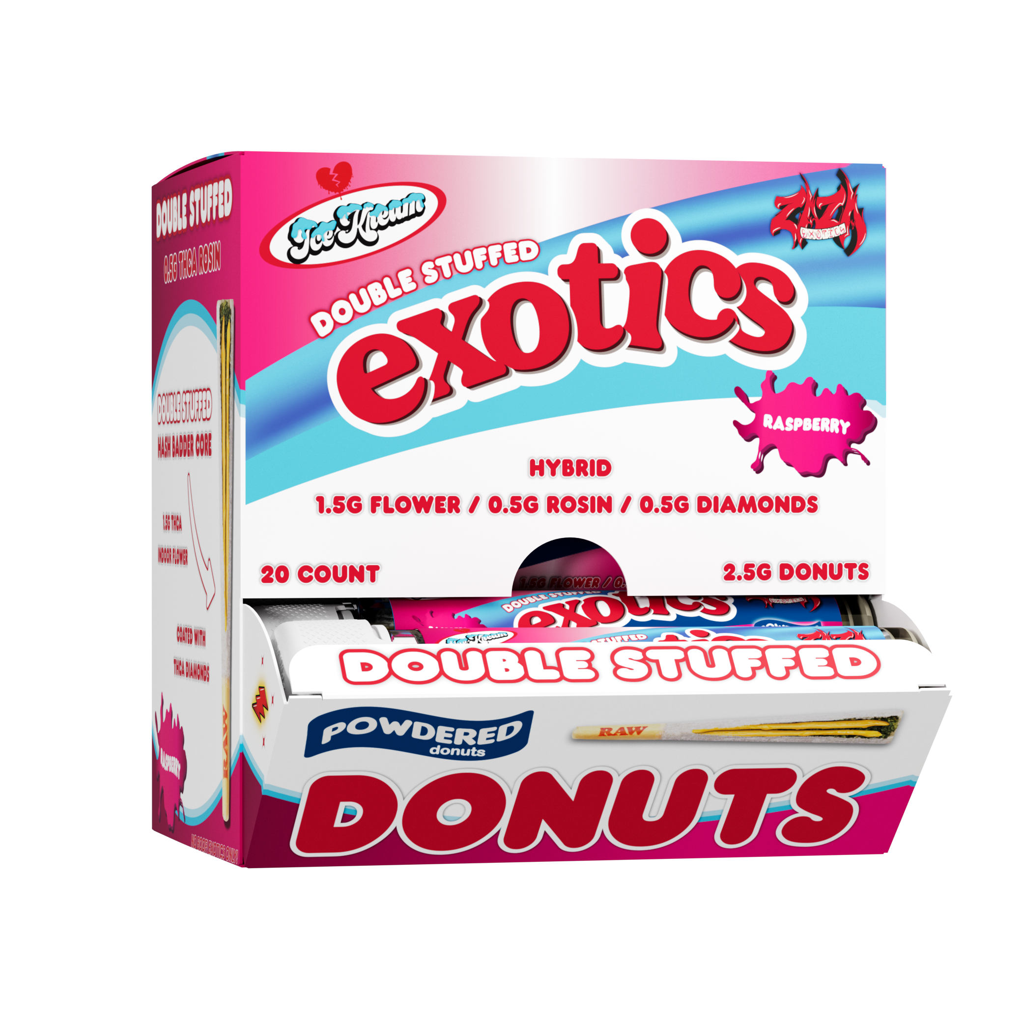 Ice Kream Raspberry Exotics THCA Powdered Donuts 20ct Display Box with tubes coming out of the front