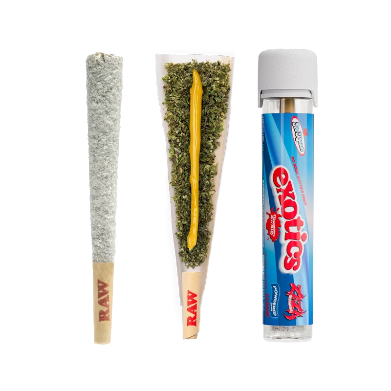 Ice Kream Strawberry Jam Exotics THCA Powdered Donuts  with a coated pre-roll, an open pre-roll showing the hash batter core and a pre-roll in a tube
