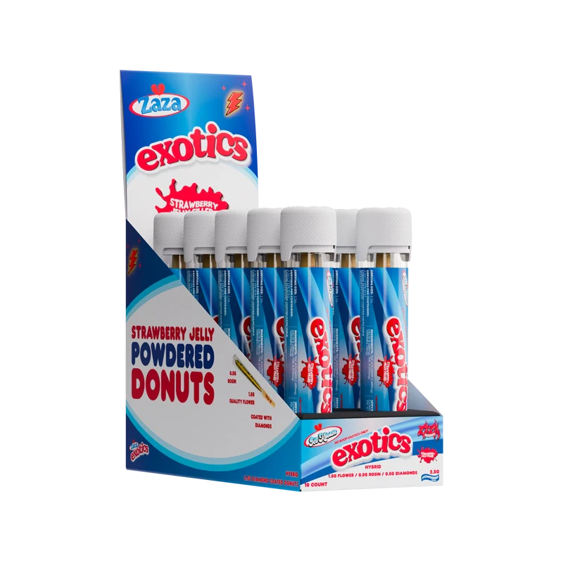 Ice Kream Strawberry Jam Exotics THCA Powdered Donuts 10ct Display Box with 10 pre-roll tubes inside of the box
