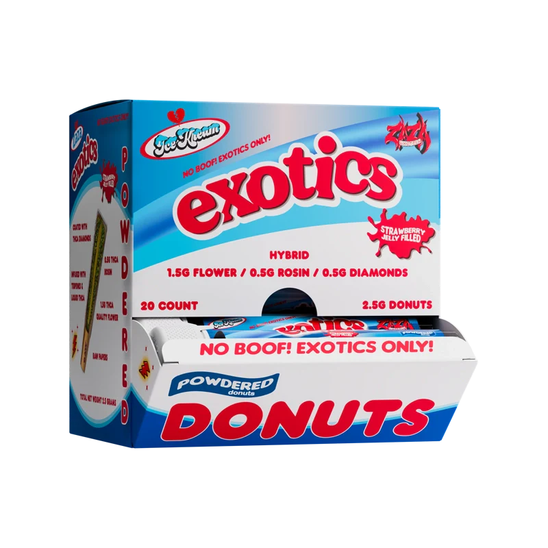 Ice Kream Strawberry Jam Exotics THCA Powdered Donuts 20ct Display Box with tubes coming out of the front of the box